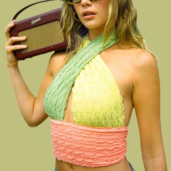 🛍️Last 2 🆕Tri-Color Halter Bandeau Crop Top - Picture 1 of 6